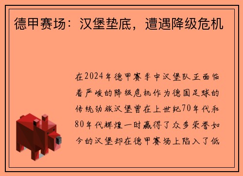 德甲赛场：汉堡垫底，遭遇降级危机