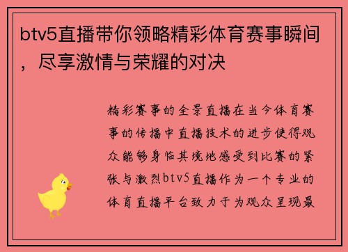 btv5直播带你领略精彩体育赛事瞬间，尽享激情与荣耀的对决