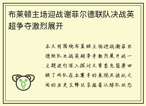 布莱顿主场迎战谢菲尔德联队决战英超争夺激烈展开